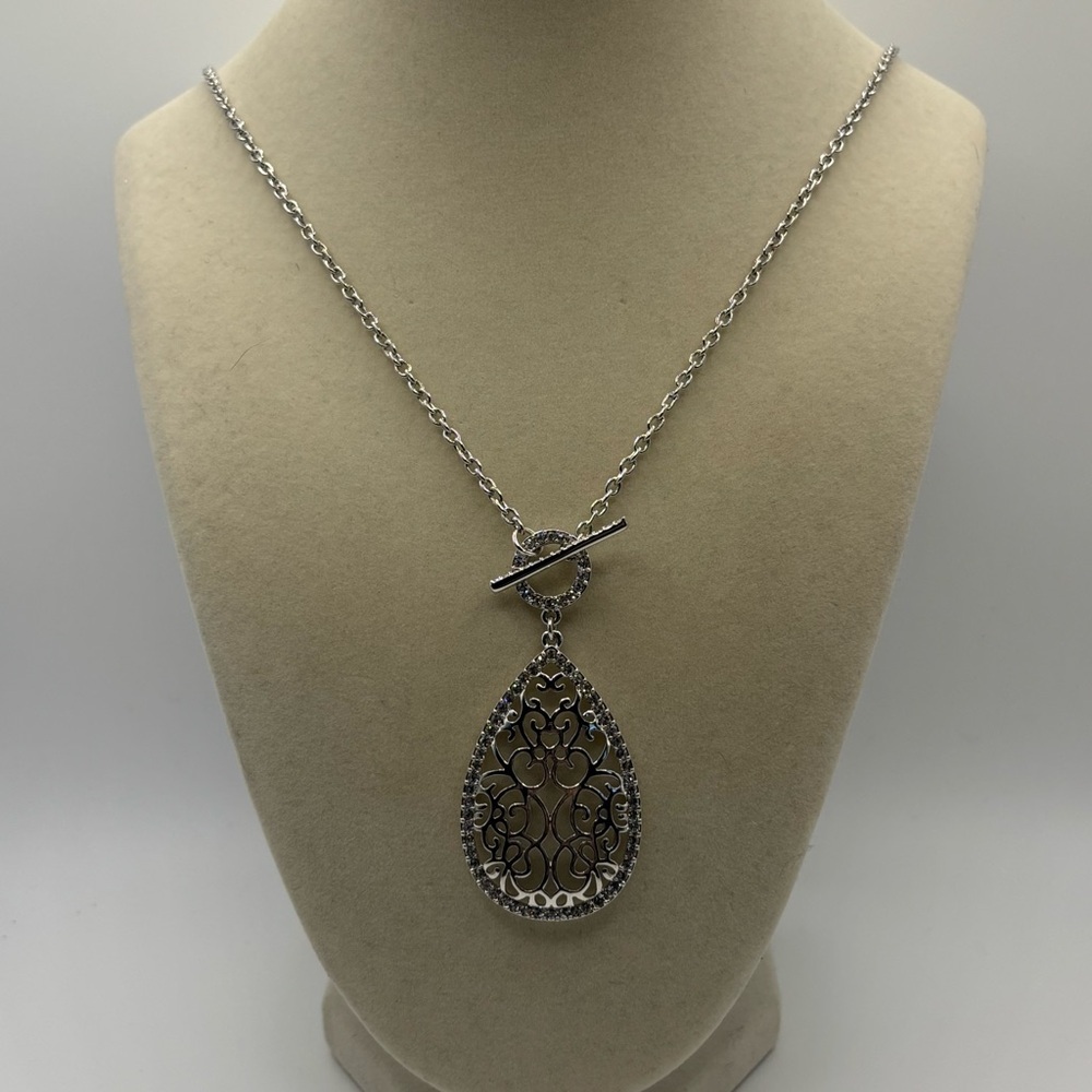 Silver Filigree Teardrop Pendant Necklace with Crystal Accents & Toggle Clasp